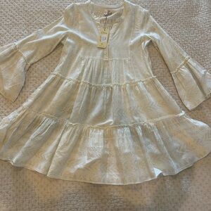 Elan Cream Tiered Midi Dress with Bell Sleeves